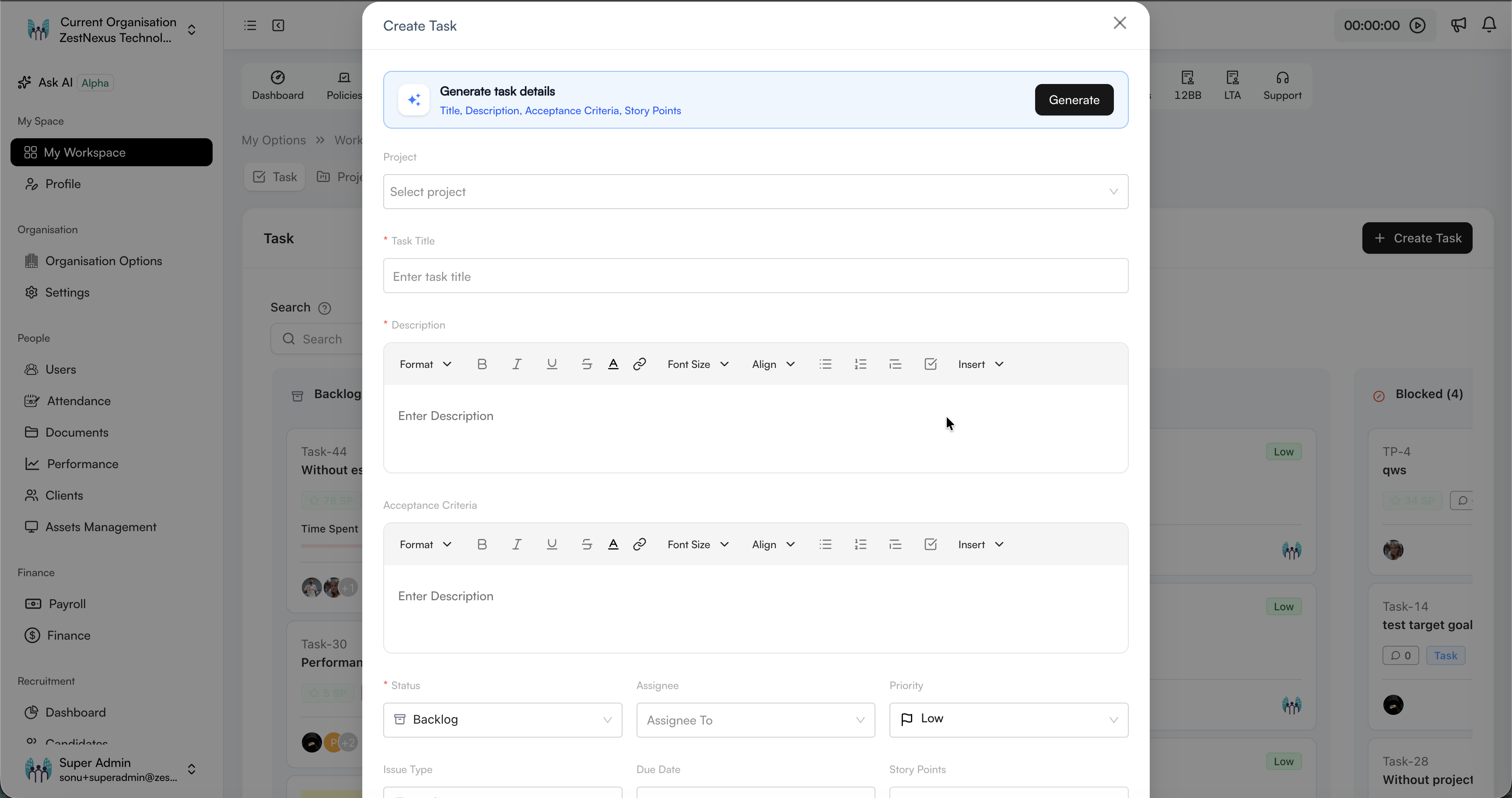 Upper section of the Create Task form
