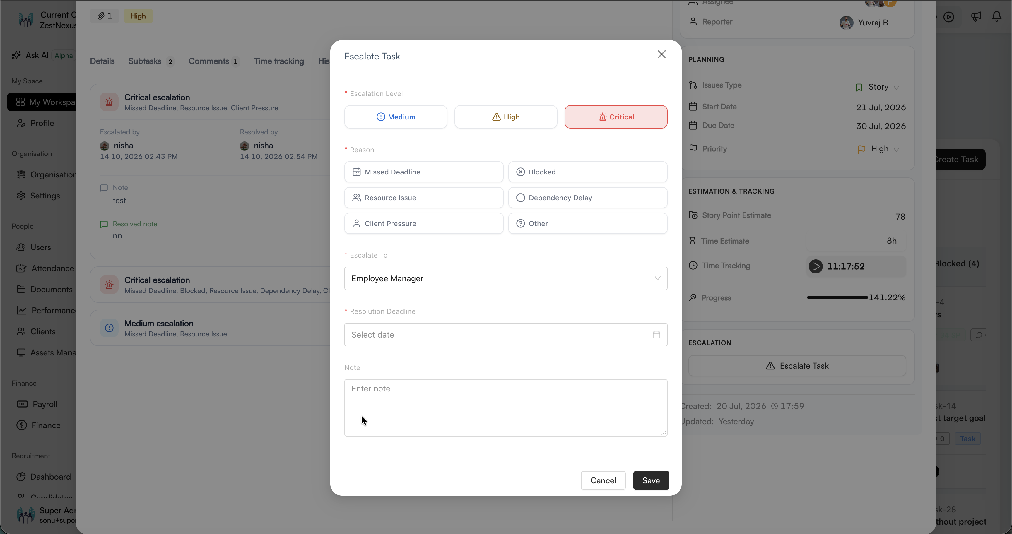 Escalate Task form