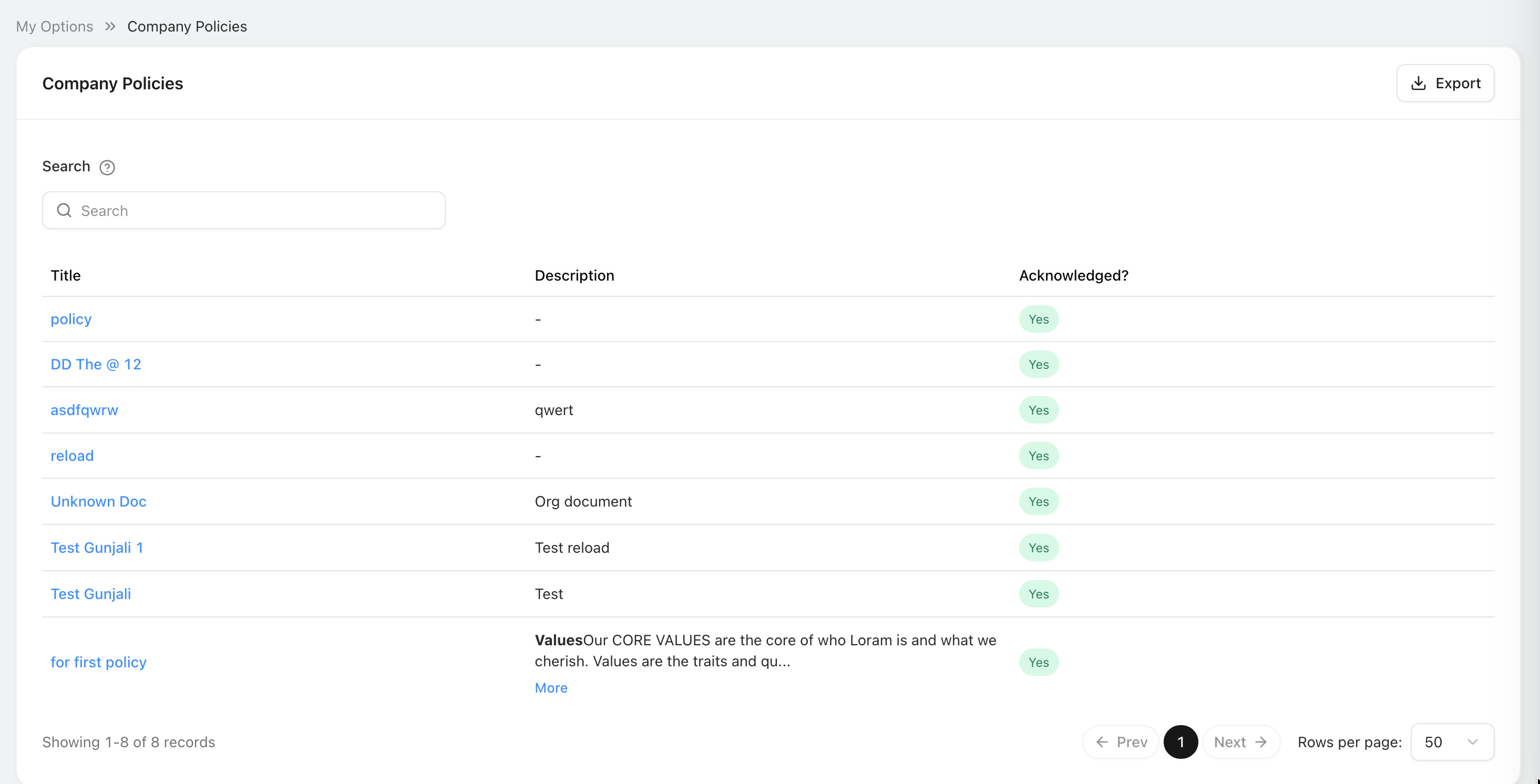 Company Policies list showing search, policy details, acknowledgement status, export, and pagination
