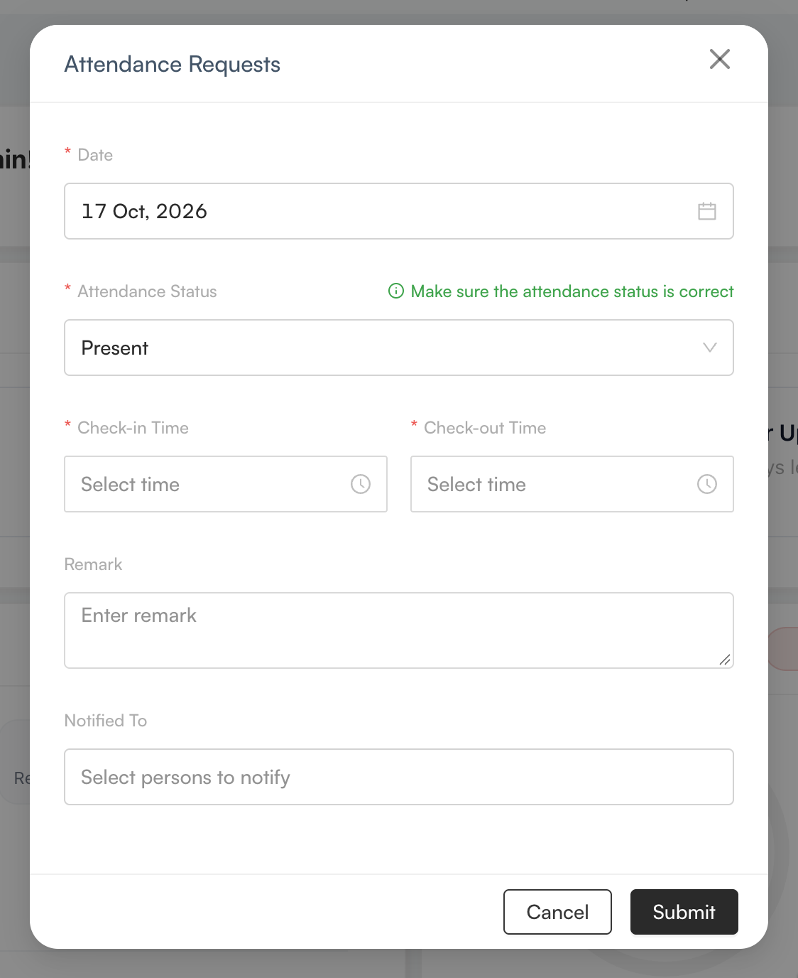 Attendance Requests form for submitting a new attendance regularization