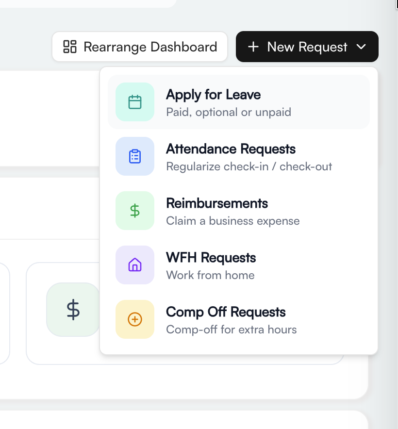 New Request menu with leave, attendance, reimbursement, work-from-home, and comp-off actions