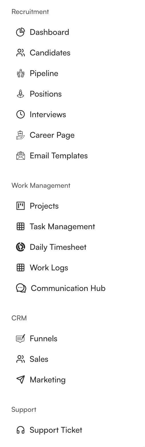 Middle of the application sidebar, from Recruitment through Support
