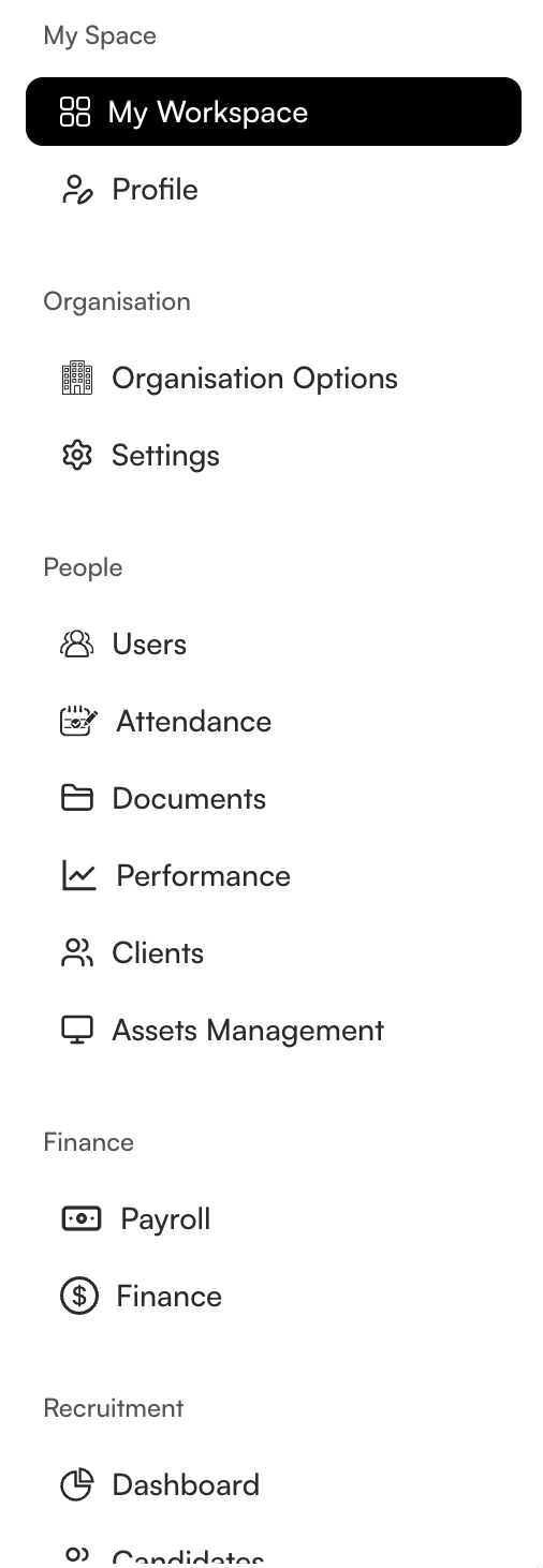 Top of the application sidebar, from My Space through the beginning of Recruitment