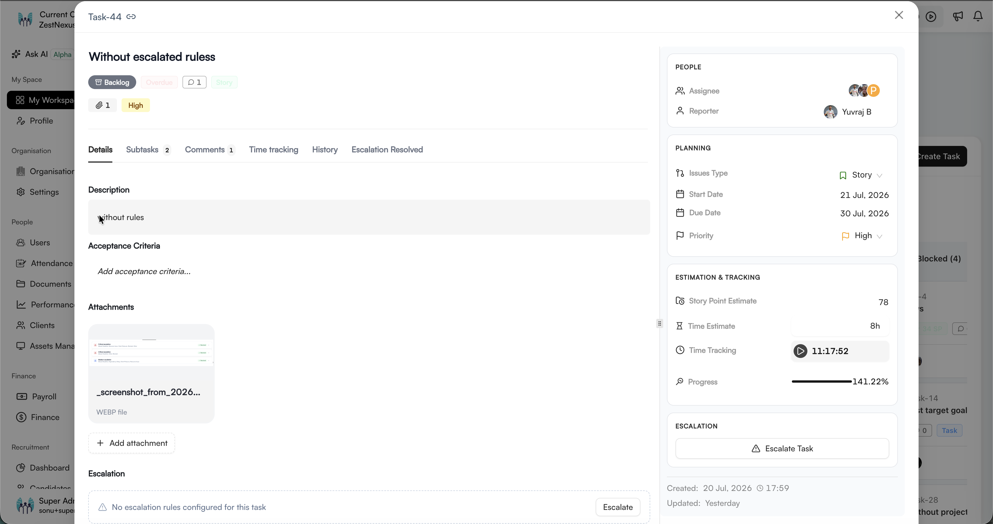 Task details with people, planning, estimates, tracking, and escalation panels