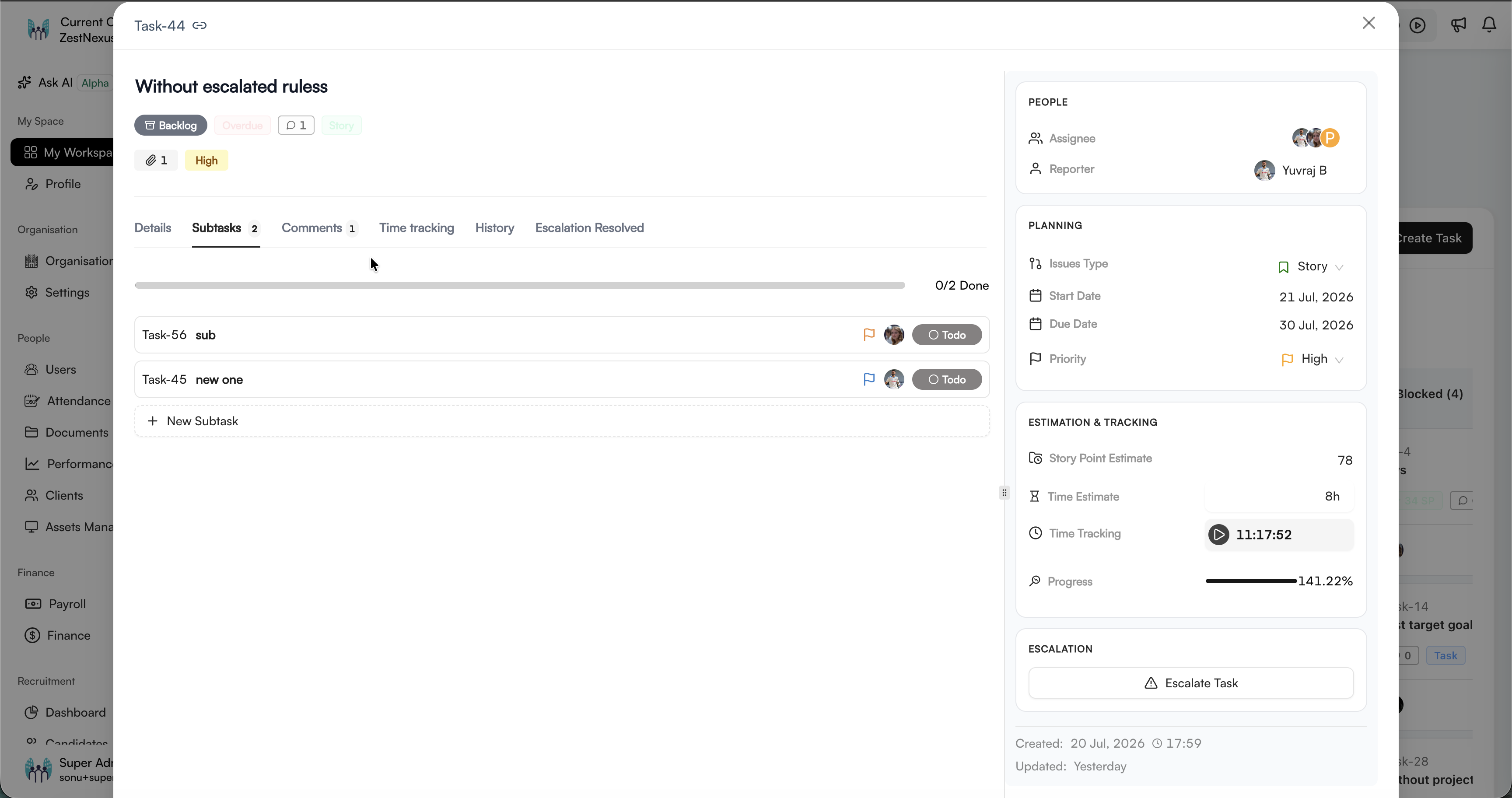 Task Subtasks tab