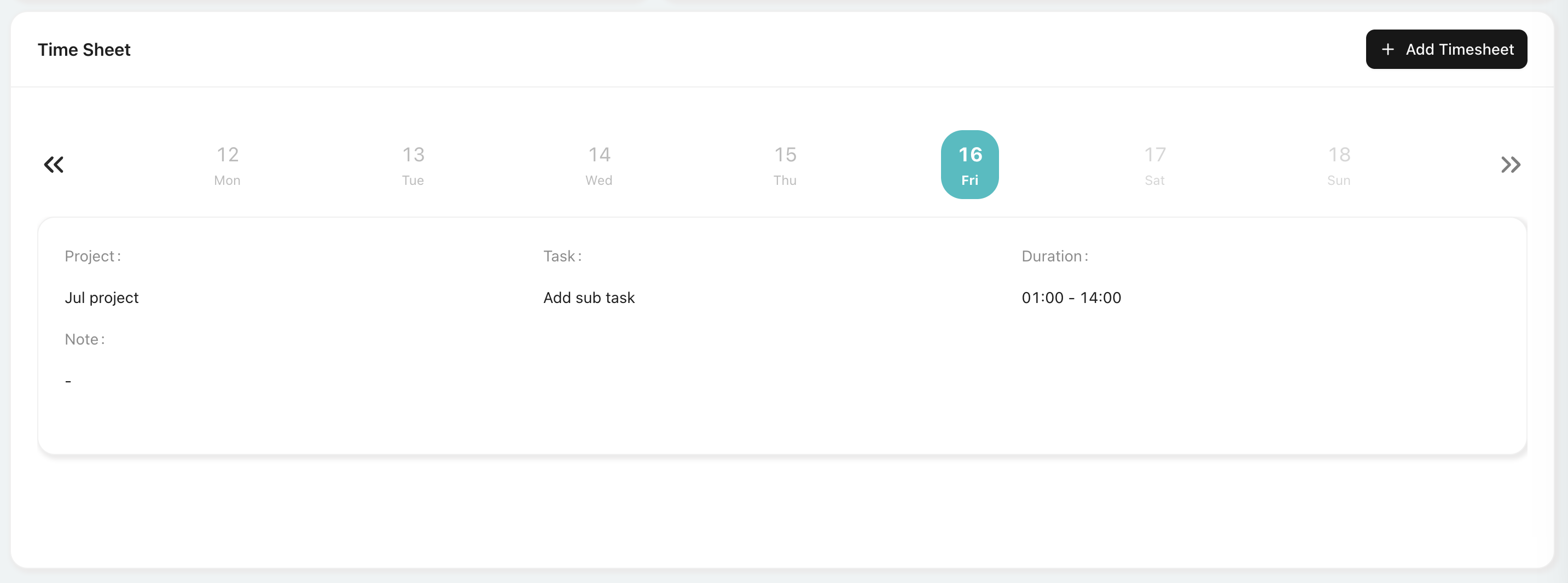 Time Sheet showing date navigation, an existing project entry, and the Add Timesheet action
