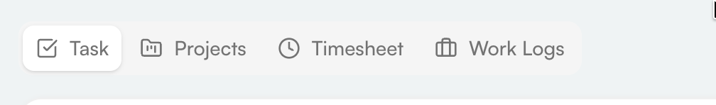Work navigation showing Task, Projects, Timesheet, and Work Logs