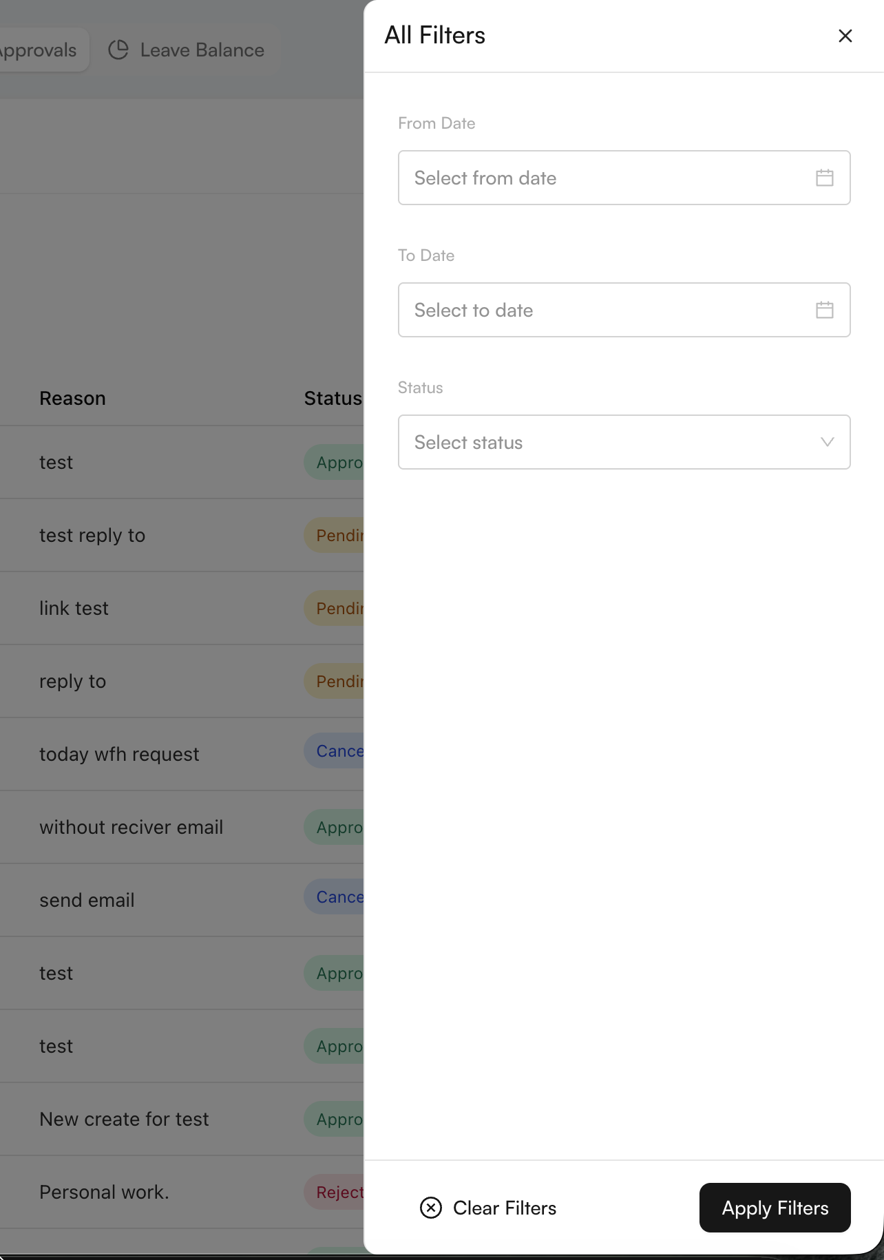 WFH Approvals filter drawer