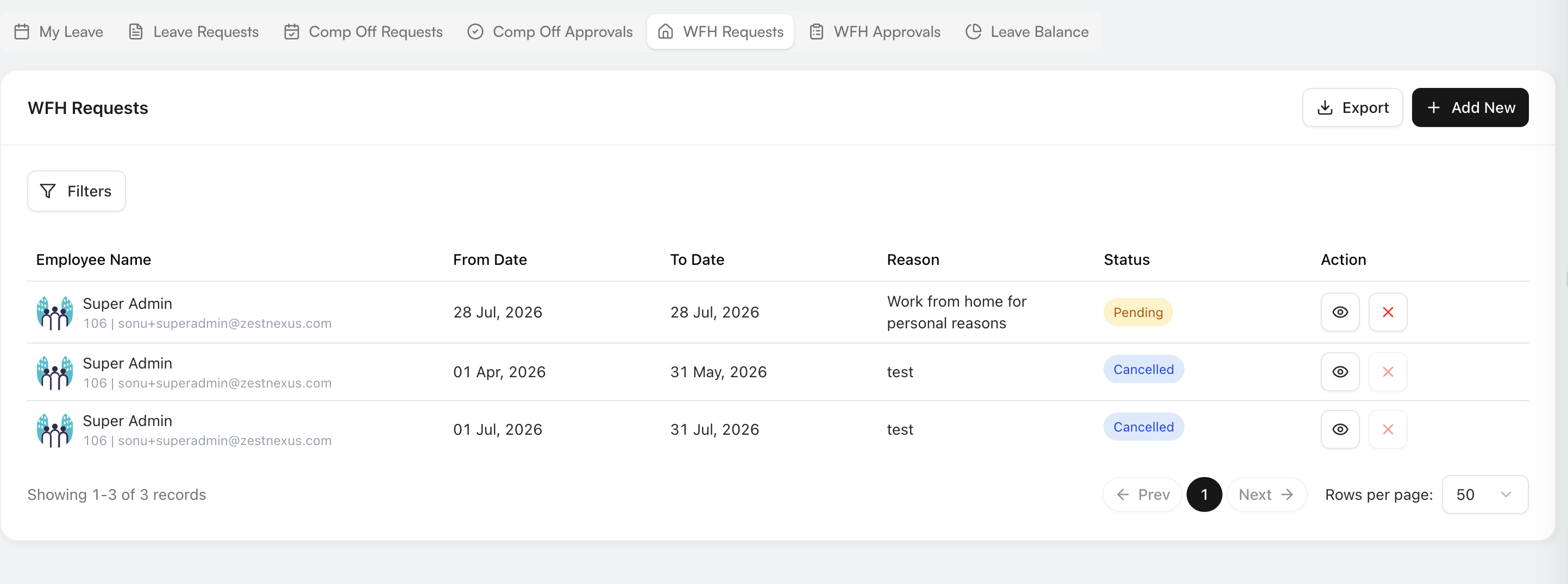 WFH Requests list