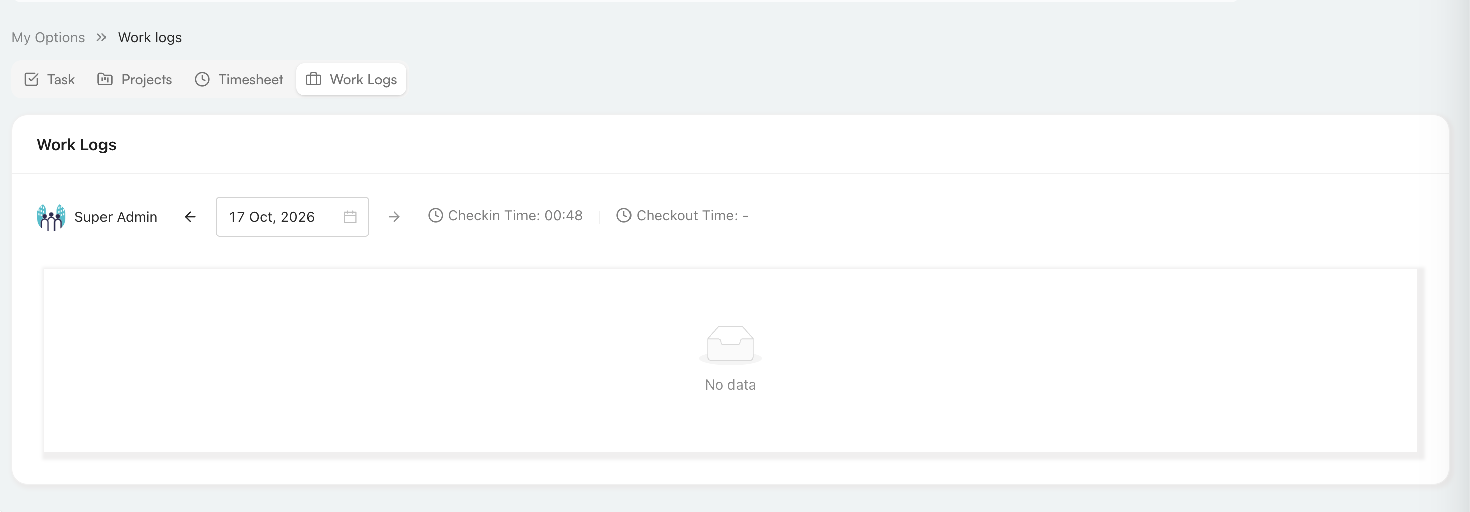 Work Logs view showing no captured screenshots for the selected date