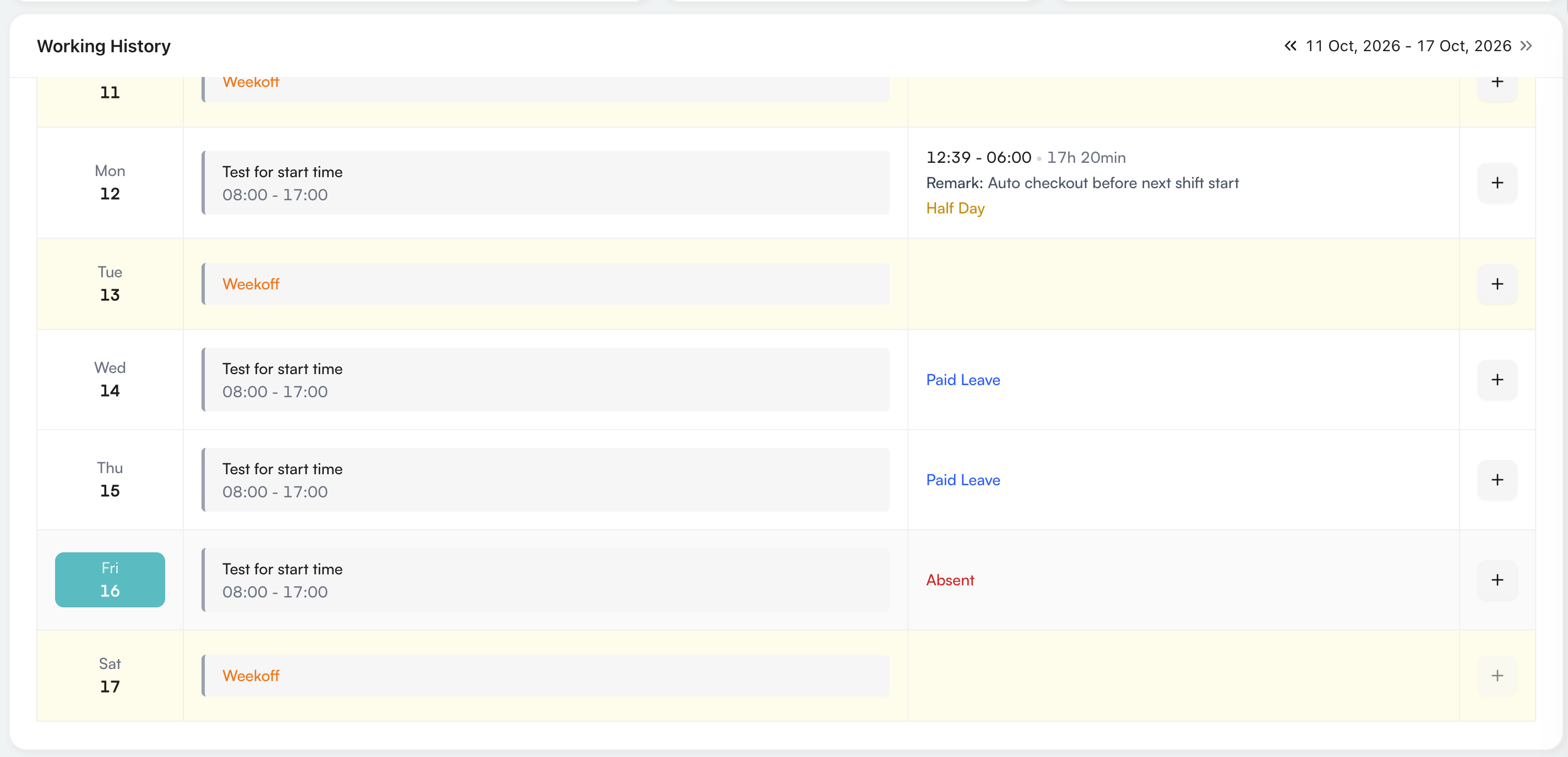 Working History showing dates, shifts, check-in and check-out details, attendance status, and regularization actions